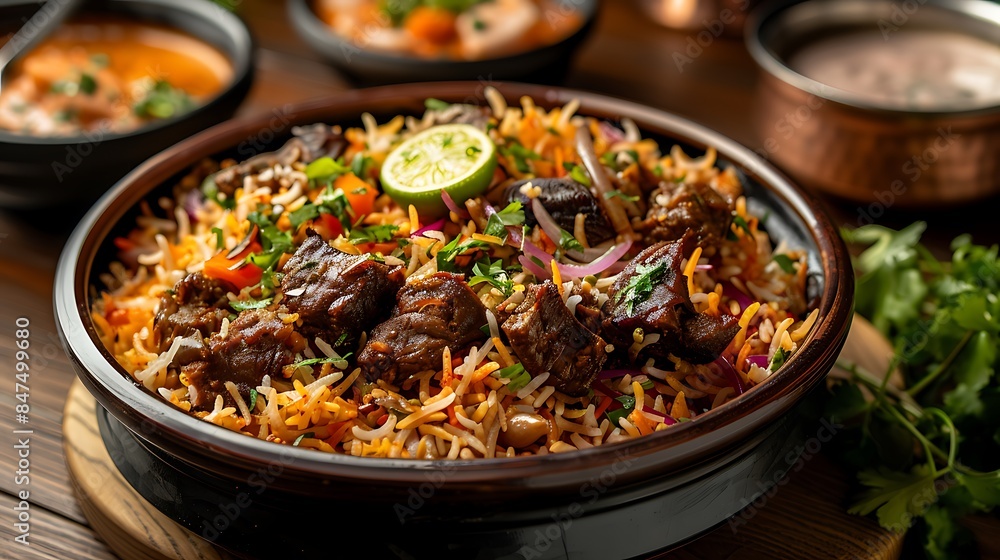 chelo kebab biryani served in dish side view on wooden table background chelo kebab biryani served in dish side view on wooden table background