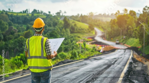 Civil engineer supervising road construction. 