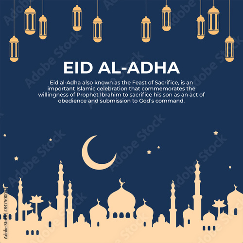 PrintaEid Al Adha Banner Design Vector Illustration. Islamic and Arabic Background for Muslim Community Festival. Moslem Holiday. 3D Modern Islamic suitable for Ramadan, Raya Hari, Eid al Adha and Maw