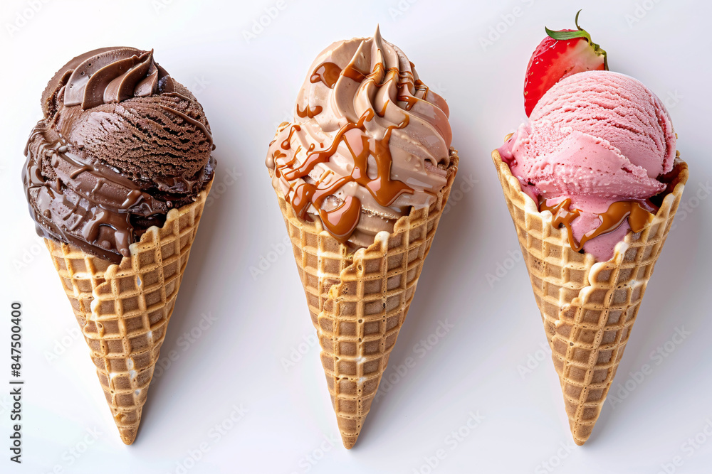 Isolated chocolate, caramel and strawberry ice cream cones on white background, a delicious and colorful summer treat Isolated chocolate, caramel and strawberry ice cream cones on white background, a delicious and colorful summer treat