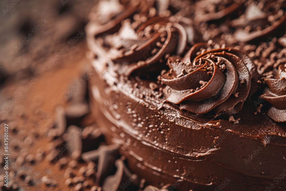 Close up shot, showing the intricate details and textures of the chocolate cake. Close up shot, showing the intricate details and textures of the chocolate cake.