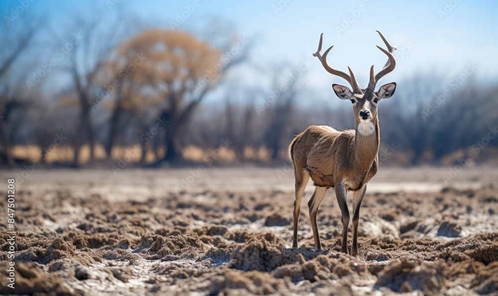 Solitude in Drought - Struggle of Wildlife for Water on Cracked Earth. Solitude in Drought - Struggle of Wildlife for Water on Cracked Earth.