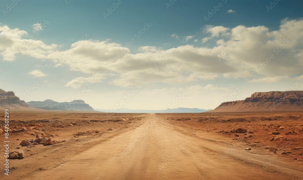 Endless Barrenness - A Stark and Desolate Dry Road Stretches into the Drought-Stricken Horizon in Warm Realism Photography Endless Barrenness - A Stark and Desolate Dry Road Stretches into the Drought-Stricken Horizon in Warm Realism Photography