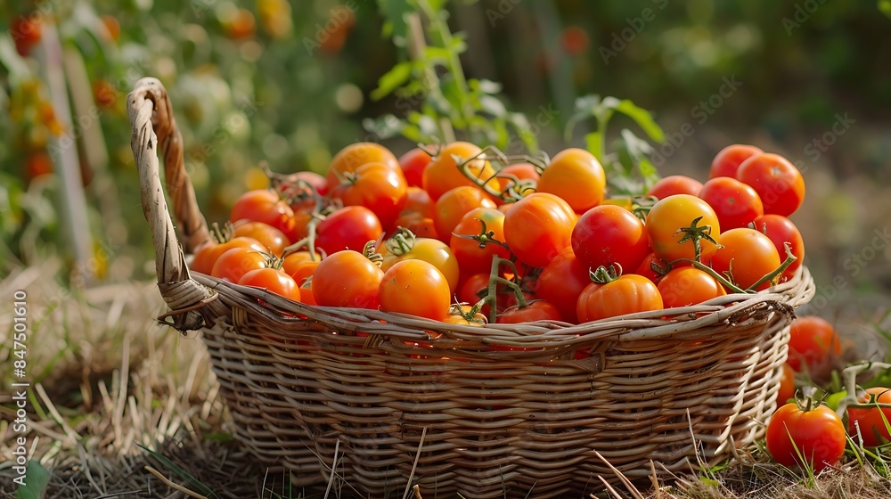 Harvest of red and orange tomatoes in a basket Harvest of red and orange tomatoes in a basket