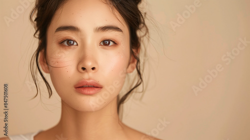 Beautiful young asian woman with clean fresh skin on beige background, Face care, Facial treatment, Cosmetology, beauty and spa concept