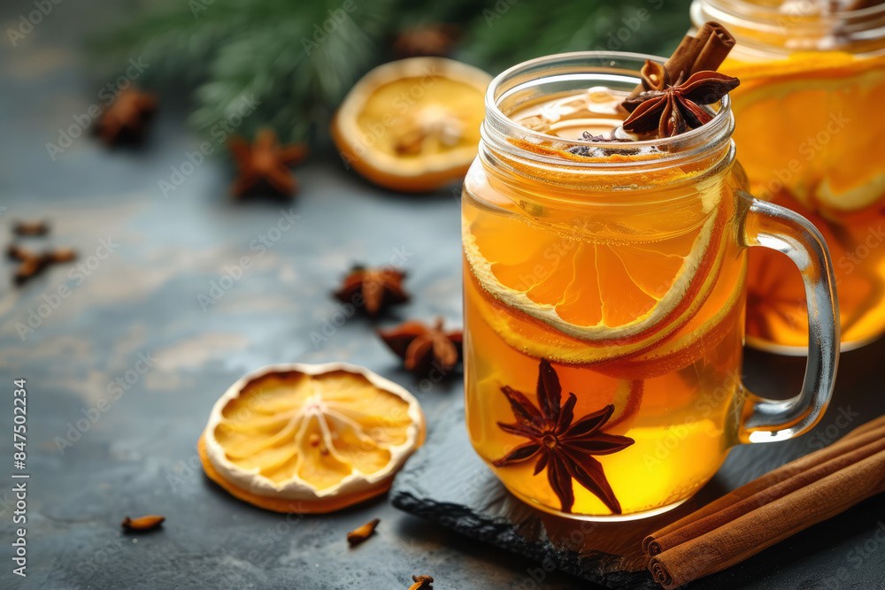 Cocktail gin an tonic with dried lemon slice, star anise and cinnamon mixed by honey and soda in a mason jar. Cocktail gin an tonic with dried lemon slice, star anise and cinnamon mixed by honey and soda in a mason jar.