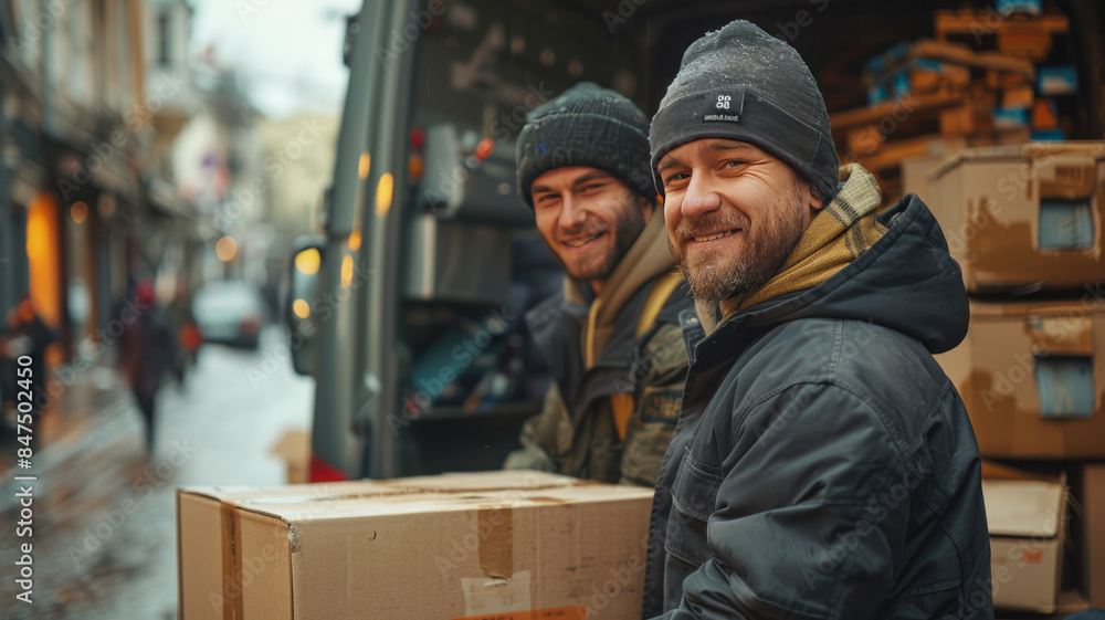 two happy movers loading a truck wearing working black clothes, generative ai two happy movers loading a truck wearing working black clothes, generative ai