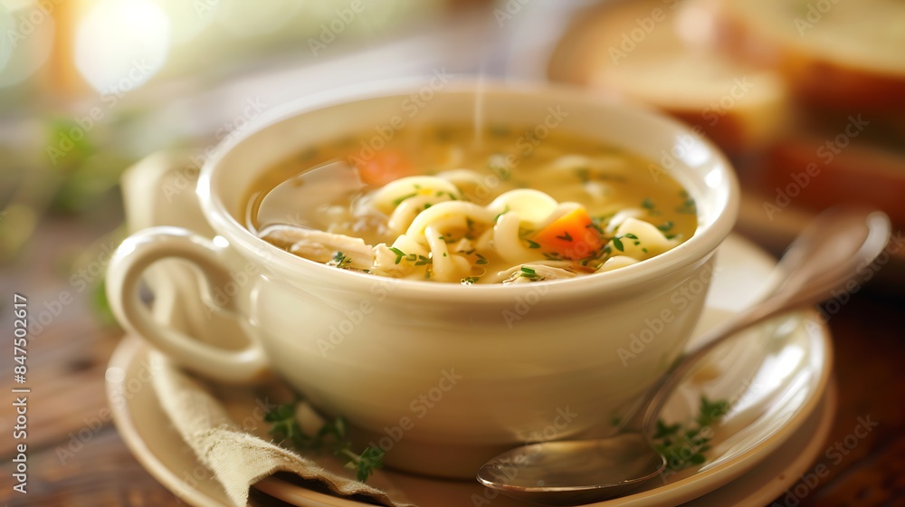 Chicken noodle soup in cup with saucer and spoon and napkin Chicken noodle soup in cup with saucer and spoon and napkin