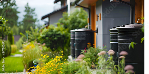 Eco-Friendly Rain Barrels in a Lush Green Garden Setting
Sustainable Water Collection System in Modern Residential Garden