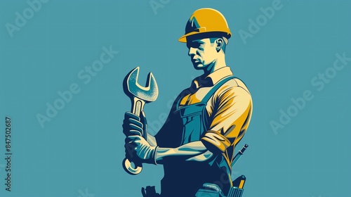 Illustration of a construction worker holding a large wrench photo
