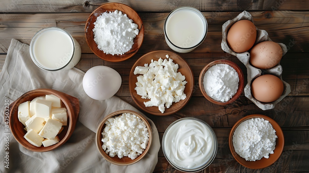 High angle view of most common dairy products shot on rustic wooden table the composition includes milk sour cream butter yogurt eggs and cottage cheese High angle view of most common dairy products shot on rustic wooden table the composition includes milk sour cream butter yogurt eggs and cottage cheese