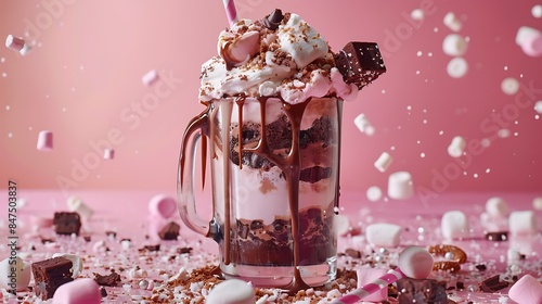 Chocolate indulgent exreme milkshake with brownie cake marshmallow and sweets crazy freakshake food trend salmon background photo