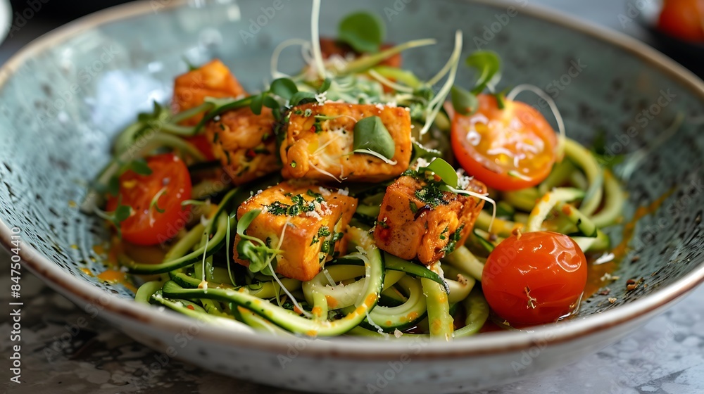 Homemade vegan courgetti with fried tofu cherry tomatoes and herb dressing Homemade vegan courgetti with fried tofu cherry tomatoes and herb dressing