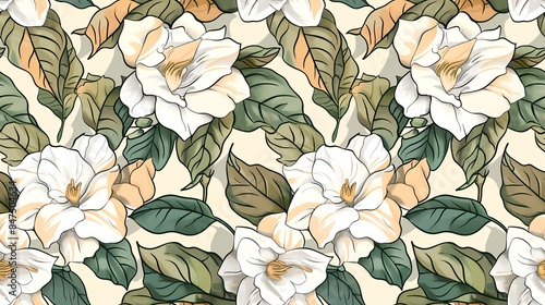 Seamless pattern of hand-drawn pastel-colored floral and leaves, creating a soft and romantic design