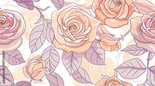 Seamless pattern of hand-drawn pastel-colored roses and leaves, creating a soft and romantic design