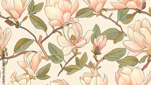 Seamless pattern of hand-drawn pastel-colored floral and leaves, creating a soft and romantic design