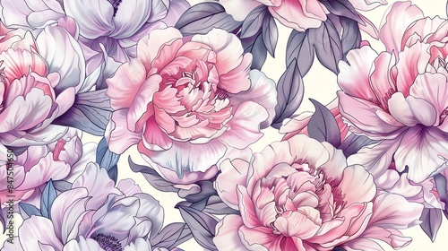 Seamless pattern of hand-drawn pastel-colored floral and leaves, creating a soft and romantic design
