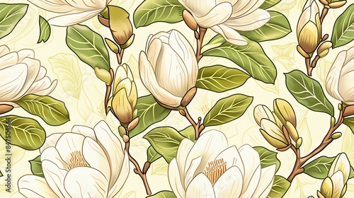 Seamless pattern of hand-drawn pastel-colored floral and leaves, creating a soft and romantic design