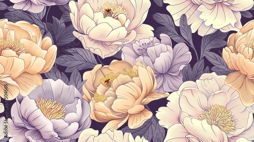 Seamless pattern of hand-drawn pastel-colored floral and leaves, creating a soft and romantic design