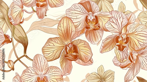 Seamless pattern of hand-drawn pastel-colored floral and leaves, creating a soft and romantic design