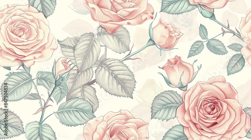 Seamless pattern of hand-drawn pastel-colored roses and leaves, creating a soft and romantic design