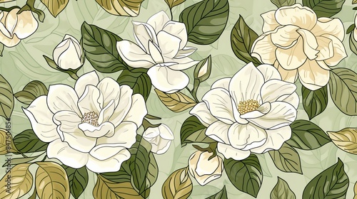 Seamless pattern of hand-drawn pastel-colored floral and leaves, creating a soft and romantic design
