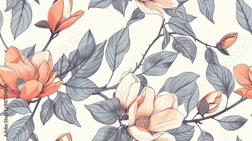 Seamless pattern of hand-drawn pastel-colored floral and leaves, creating a soft and romantic design