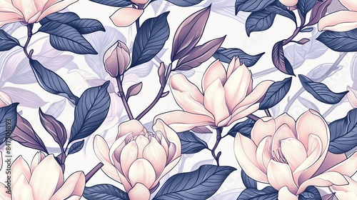 Seamless pattern of hand-drawn pastel-colored floral and leaves, creating a soft and romantic design