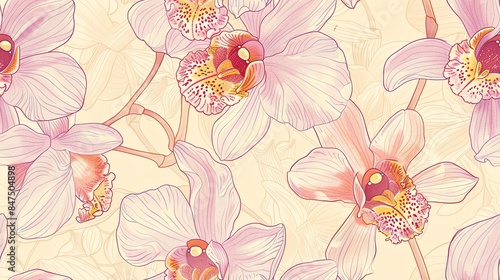 Seamless pattern of hand-drawn pastel-colored floral and leaves, creating a soft and romantic design
