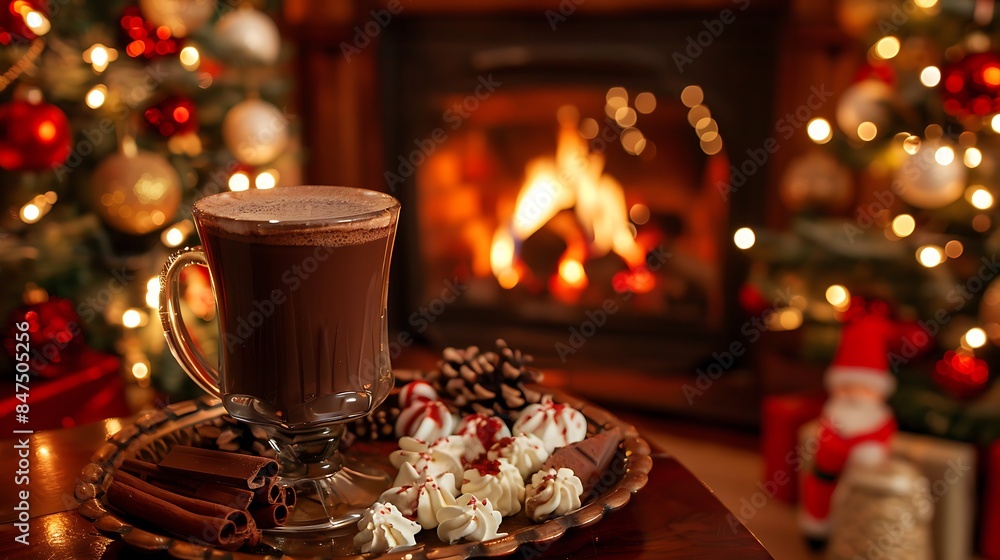 Hot chocolate in front of the fireplace served for christmas Hot chocolate in front of the fireplace served for christmas