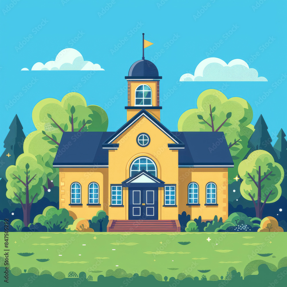 Naklejka premium School building in flat style. Back to school banner design concept.