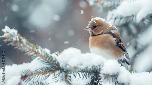 Closeup of a female chaffinch sitting on a snow covered tree photo