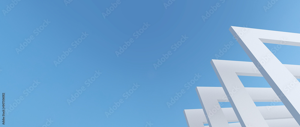 3D rendering of a modern geometric structure with angled white planes against a blue background. 3D rendering 3D rendering of a modern geometric structure with angled white planes against a blue background. 3D rendering