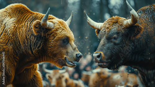 angry hornless bear and bull with horns and small Fang preparing for fight on market charts background photograph.generative ai photo