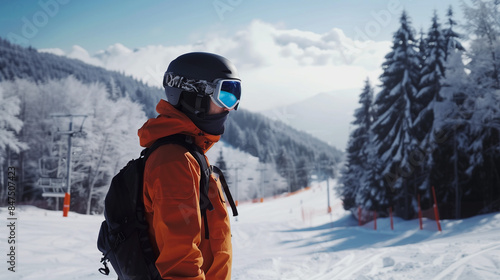 Male snowboarder on ski piste at snowy resort © DreamyStudio