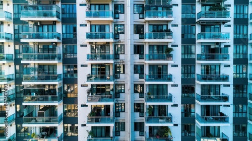 An aerial view of a modern apartment complex with rows of balconies, creating an intricate and captivating pattern against the backdrop of the city skyline. © kimly