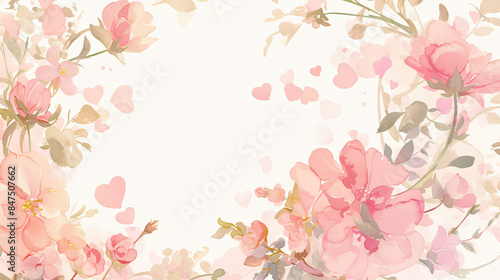 Watercolor floral frame with pink flowers and hearts with copy space text. This design is perfect for a website, brochure, or presentation about love, romance, or wedding.