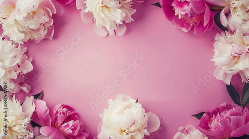 Fototapeta Naklejka Na Ścianę i Meble -  Pink and white peonies with copy space text on a pink background. This design is perfect for a website, brochure, or presentation about flowers, beauty, or spring.