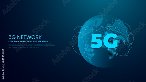 5G Network and Technology Global Network Concept. 5G Internet and Globe Vector Illustration in Technological Blue Background. 