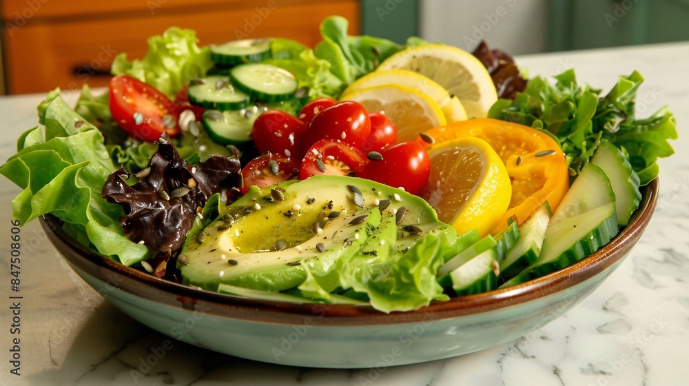 fresh salad in black bowl. variety of greens, including lettuce and spinach, as well as colorful vegetables such as cherry tomatoes, cucumber slices, and what appears to be some yellow bell pepper pie fresh salad in black bowl. variety of greens, including lettuce and spinach, as well as colorful vegetables such as cherry tomatoes, cucumber slices, and what appears to be some yellow bell pepper pie