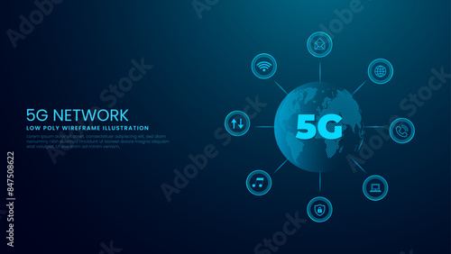 5G Technology Global Network Concept. 5G Internet and Network Icons Vector Illustration on Technological Blue Background. 