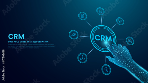 Customer Relation Management and CRM Concept. Digital Hand with CRM Icons in Low Poly Wireframe Vector Illustration on Technological Blue Background.
