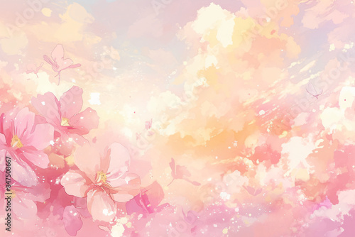 Soft pink and yellow pastel clouds with pink flowers and copy space text. This design is perfect for a website, brochure, or presentation about nature, spring, or beauty.