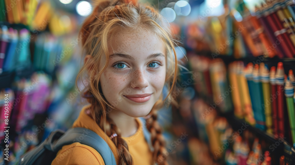 Cute girl with freckles in a stationery store. Cute girl with freckles in a stationery store.