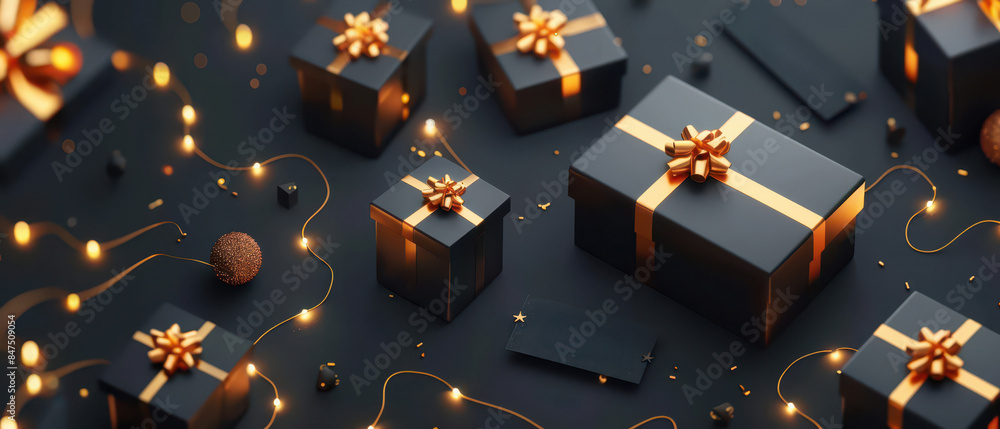 Elegant 3D Black Friday banner with glowing gift boxes and sale tags Elegant 3D Black Friday banner with glowing gift boxes and sale tags