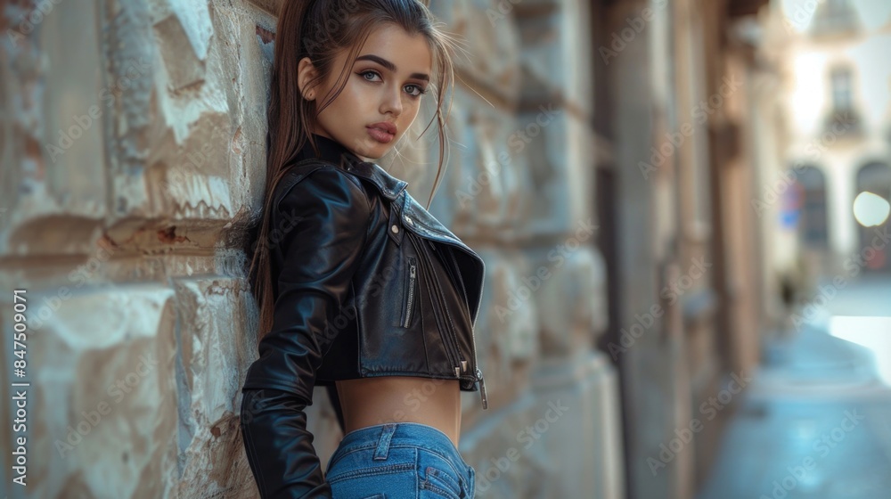 Naklejka premium Woman in leather jacket leans against wall in italian alley