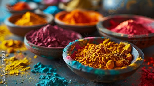  Brightly colored powders displayed in bowls on a table. photo