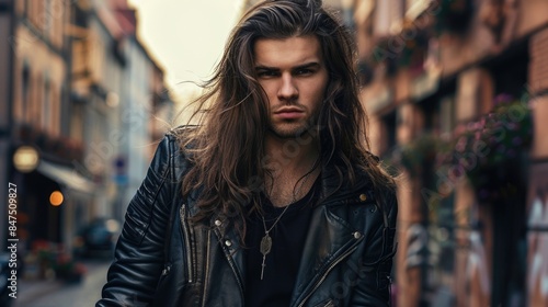 Man with long hair in a leather jacket photo