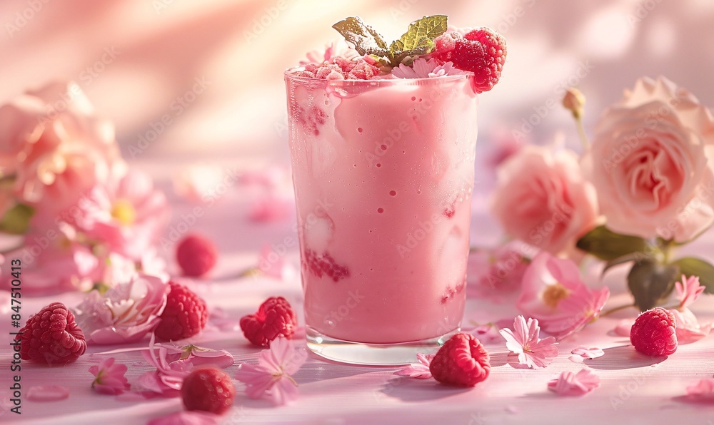 smoothie in a clear glass, bathed in soft pink hues, perfect for a lifestyle magazine spread smoothie in a clear glass, bathed in soft pink hues, perfect for a lifestyle magazine spread