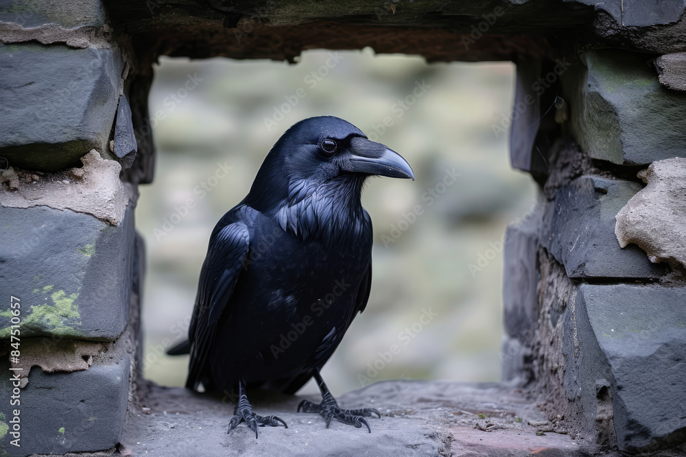 Fototapeta premium Black crow posing in a window.